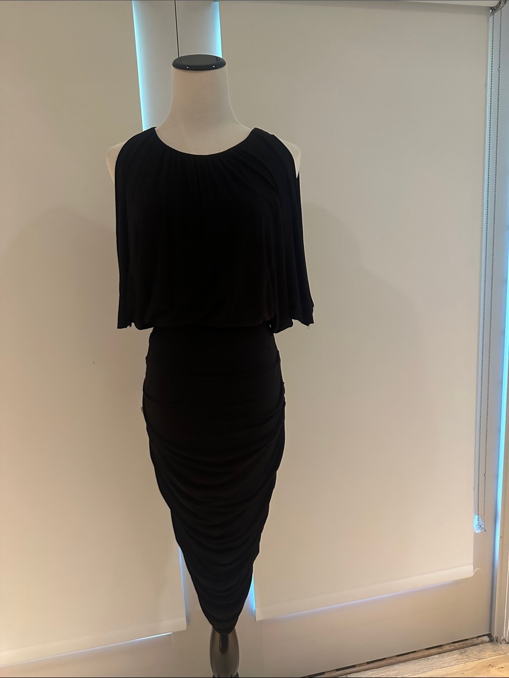 Bailey 44 Black Ruched Midi Dress with Cape Sleeves